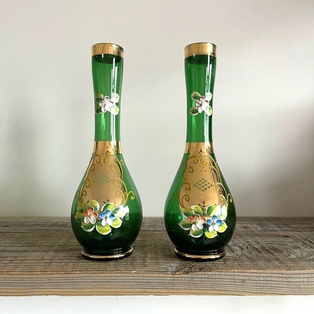 Vintage Bohemian Czech emerald green glass vases set of 2